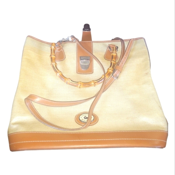 Dooney & Burke 70's Vintage Panama Collection Bamboo Handle Tan and Cream Bag - Picture 2 of 11